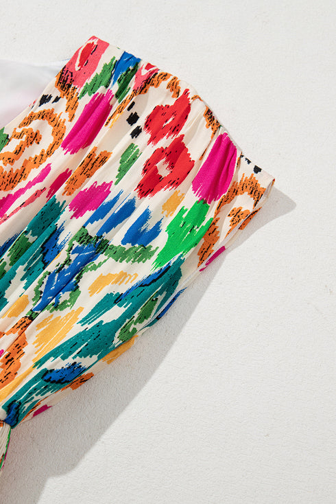 Bohemian Abstract Print V Neck Smocked Waist Tiered Ruffle Mini Dress
